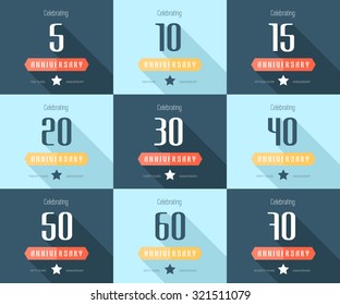 Vector set of anniversary signs, symbols. Five, ten, fifteen, twenty, thirty, forty, fifty, sixty, seventy years jubilee design elements collection.