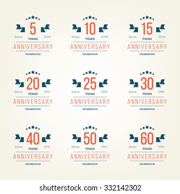 Vector set of anniversary signs, symbols. Five, ten, twenty, thirty, forty, fifty years jubilee design elements collection.