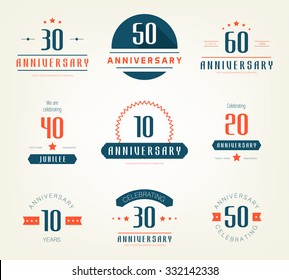 Vector set of anniversary signs, symbols. Five, ten, twenty, thirty, forty, fifty years jubilee design elements collection.