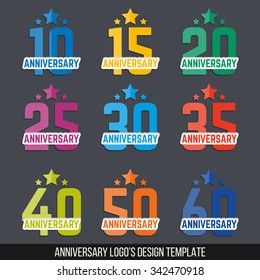 Vector set of anniversary signs, symbols. Ten, twenty, thirty, forty, fifty, sixty years jubilee design elements collection.