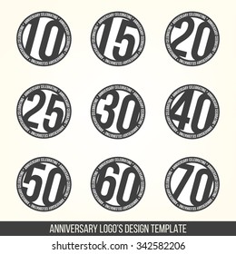 Vector set of anniversary signs, symbols. Ten, fifteen, twenty, thirty, forty, fifty, sixty, seventy years jubilee design elements collection.