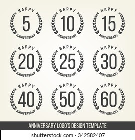Vector set of anniversary signs, symbols. Five, ten, twenty, thirty, forty, fifty years jubilee design elements collection.