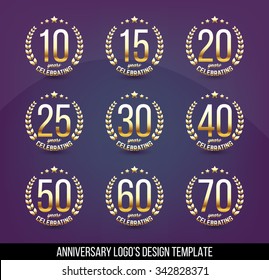 Vector set of anniversary signs, symbols. Ten, fifteen, twenty, thirty, forty, fifty, sixty, seventy years jubilee design elements .