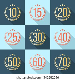 Vector set of anniversary signs, symbols. Ten, fifteen, twenty, thirty, forty, fifty, sixty, seventy years flat jubilee design elements .