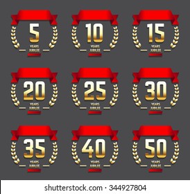 Vector set of anniversary signs, symbols. Five, ten, fifteen, twenty, thirty, forty, fifty years jubilee design elements collection.