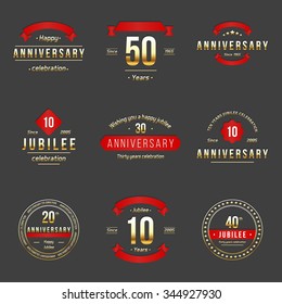 Vector set of anniversary signs, symbols. Ten, twenty, thirty, forty, fifty years jubilee design elements collection.