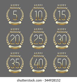 Vector set of anniversary signs, symbols. Five, ten, fifteen, twenty, thirty, forty, fifty years jubilee design elements collection.