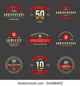 Vector set of anniversary signs, symbols. Ten, twenty, thirty, forty, fifty years jubilee design elements collection.