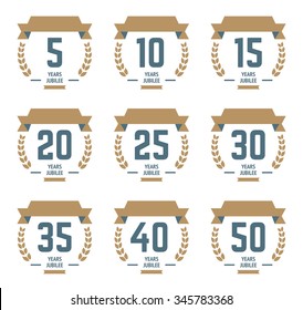 Vector set of anniversary signs, symbols. Five, ten, twenty, thirty, forty, fifty years jubilee design elements collection.