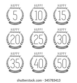 Vector set of anniversary signs, symbols. Five, ten, twenty, thirty, forty, fifty years jubilee design elements collection.