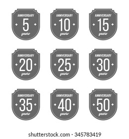 Vector set of anniversary signs, symbols. Five, ten, twenty, thirty, forty, fifty years jubilee design elements collection.