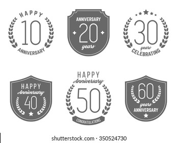 Vector set of anniversary signs, symbols. Ten, twenty, thirty, forty, fifty, sixty years jubilee design elements collection.