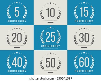 Vector set of anniversary signs, symbols. Five, ten, fifteen, twenty, thirty, forty, fifty, sixty years jubilee design elements collection.