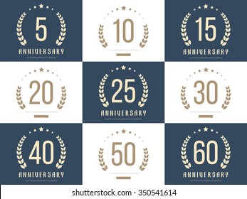 Vector set of anniversary signs, symbols. Five, ten, fifteen, twenty, thirty, forty, fifty, sixty years jubilee design elements collection.