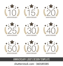 Vector set of anniversary signs, symbols. Ten,fifteen, twenty, twenty five, thirty, forty, fifty, sixty, seventy years jubilee design elements collection.