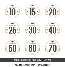 Vector set of anniversary signs, symbols. Ten,fifteen, twenty, twenty five, thirty, forty, fifty, sixty, seventy years jubilee design elements collection.