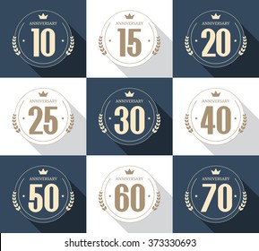 Vector set of anniversary signs, symbols. Ten, fifteen, twenty, thirty, forty, fifty, sixty, seventy years jubilee design elements collection.