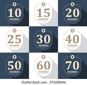 Vector set of anniversary signs, symbols. Ten, fifteen, twenty, thirty, forty, fifty, sixty, seventy years jubilee design elements collection.