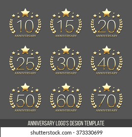 Vector set of anniversary signs, symbols. Five, ten, twenty, thirty, forty, fifty years jubilee design elements collection.