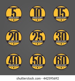 Vector set of anniversary signs, symbols. Five, ten, fifteen, twenty, thirty, forty, fifty, sixty years jubilee design elements collection.