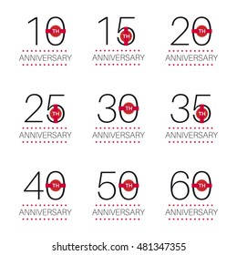 Vector set of anniversary signs, symbols. Five, ten, fifteen, twenty, thirty, forty, fifty, sixty years jubilee design elements collection.
