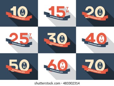 Vector set of anniversary signs, symbols. Ten, fifteen, twenty, thirty, forty, fifty, sixty, seventy years jubilee design elements collection.