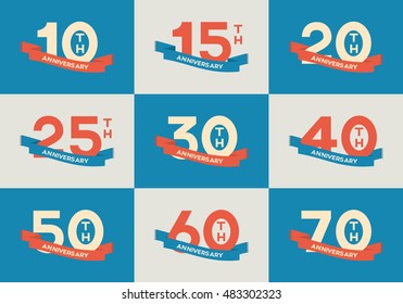 Vector set of anniversary signs, symbols. Ten, fifteen, twenty, thirty, forty, fifty, sixty, seventy years jubilee design elements collection.