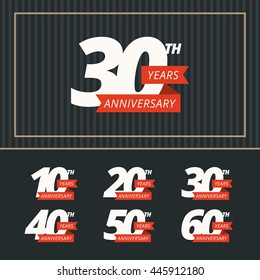 Vector set of anniversary signs. Ten, twenty, thirty, forty, fifty, sixty years design elements collection.