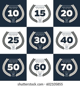 Vector set of anniversary symbols. 10th, 15th, 20th, 25th, 30th, 40th, 50th, 60th, 70th anniversary logo's collection.