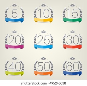 Vector set of anniversary symbols. 5th, 10th, 15th, 20th, 25th, 30th, 40th, 50th, 60th anniversary logo's collection.