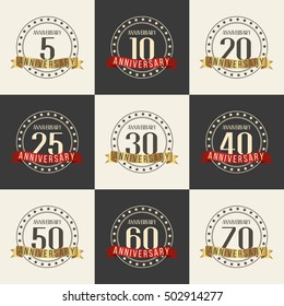 Vector set of anniversary symbols. 5th, 10th, 20th, 25th, 30th, 40th, 50th, 60th, 70th anniversary logo's collection.