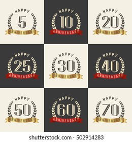Vector set of anniversary symbols. 5th, 10th, 20th, 25th, 30th, 40th, 50th, 60th, 70th anniversary logo's collection.