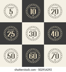 Vector set of anniversary symbols. 5th, 10th, 20th, 25th, 30th, 40th, 50th, 60th, 70th anniversary logo's collection.