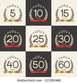 Vector set of anniversary symbols. 5th, 10th, 15th, 20th, 25th, 30th, 40th, 50th, 60th anniversary logo's collection.