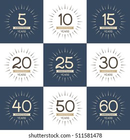 Vector set of anniversary symbols. 5th, 10th, 15th, 20th, 25th, 30th, 40th, 50th, 60th anniversary logo's collection.