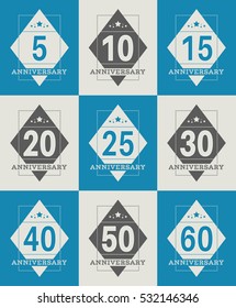 Vector set of anniversary symbols. 5th, 10th, 15th, 20th, 25th, 30th, 40th, 50th, 60th anniversary logo's collection.