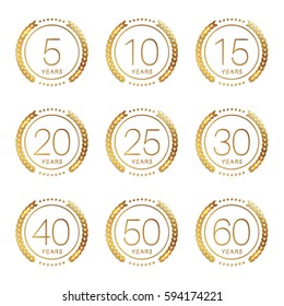 Vector set of anniversary symbols. 5th, 10th, 15th, 20th, 25th, 30th, 40th, 50th, 60th anniversary logo's collection.