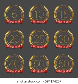 Vector set of anniversary symbols. 5th, 10th, 15th, 20th, 25th, 30th, 40th, 50th, 60th anniversary logo's collection.