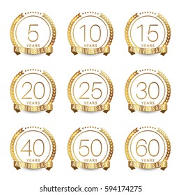 Vector set of anniversary symbols. 5th, 10th, 15th, 20th, 25th, 30th, 40th, 50th, 60th anniversary logo's collection.