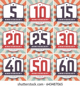Vector set of anniversary symbols. 5th, 10th, 15th, 20th, 25th, 30th, 40th, 50th, 60th anniversary logo's collection.