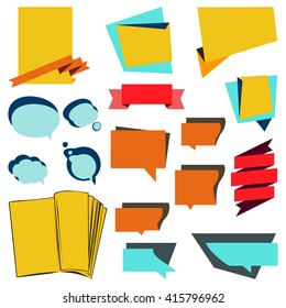 Vector set announcement banner, stickers and labels with ribbons of business sale isolated of white background. Blue, yellow, red colors, colorful vintage