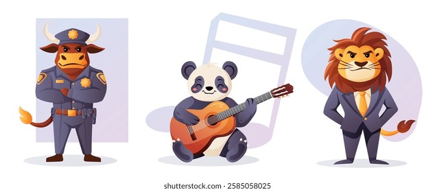 Vector set with anthropomorphic animals in professions such as a bull police officer, a panda musician, and a lion businessman  
