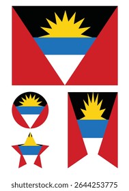 Conjunto vetorial das bandeiras de Antígua e Barbuda. Antígua e Barbuda em torno da bandeira do país. Antígua e Barbuda Bandeira Nacional. Ilustração do vetor EPS.