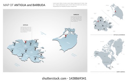 Vector set of Antigua and Barbuda island.  Isometric 3d map, Antigua and Barbuda map, North America map - with region, state names and city names.