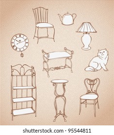 Vector Set of Antique Furniture. Home vintage decoration.