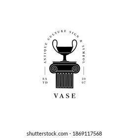 Vector set of antique logo - amphora with column. Ancient greek or roman style elements