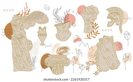 Vector set with antique sculptures. Vector illustration with classical Sculpture for card poster T-Shirt or printing. Contemporary hand drawn mythical collection in line design style. Vector