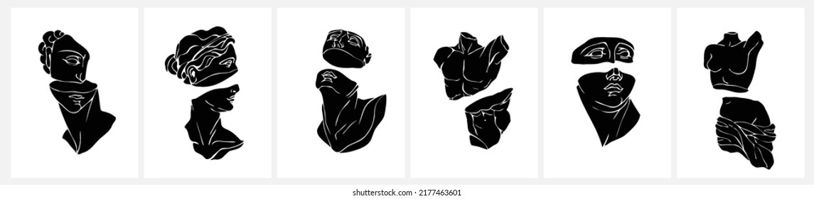 Vector set antique sculptures silhouette  Vector illustration and classical Sculpture for card poster T  Shirt printing  Contemporary hand drawn mythical collection in line design style  Vector