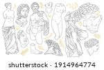 Vector set of antique sculptures. Antique statues Venus, Apollo, Nike, greek statue head and body. Linear icons greek gods, hand drawn mythical sketch collection. Contemporary minimal shapes, isolated