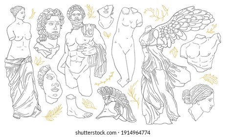 Vector set of antique sculptures. Antique statues Venus, Apollo, Nike, greek statue head and body. Linear icons greek gods, hand drawn mythical sketch collection. Contemporary minimal shapes, isolated
